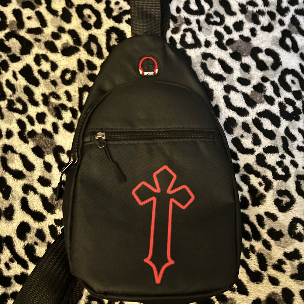 Black Crossbody Bag with Red Cross Design